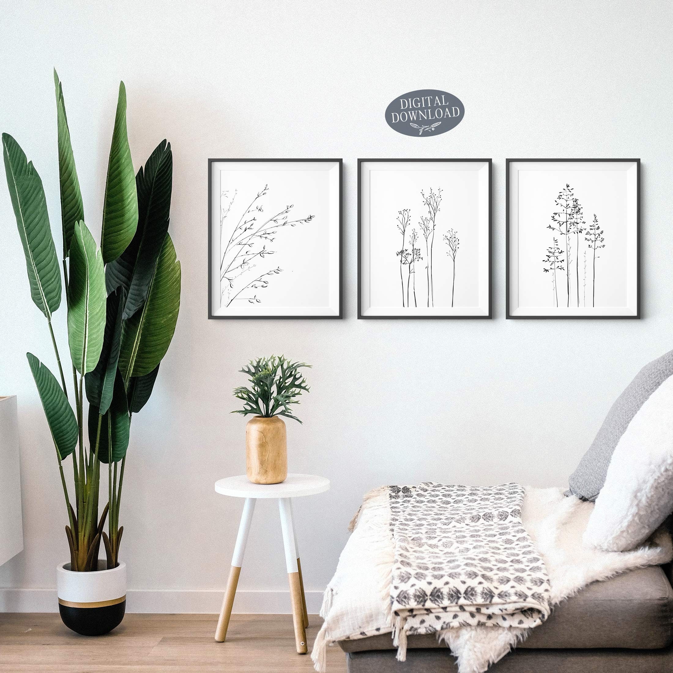 Gallery Wall Set of 3 Prints, Printable Wall Art, Wildflower Black and ...