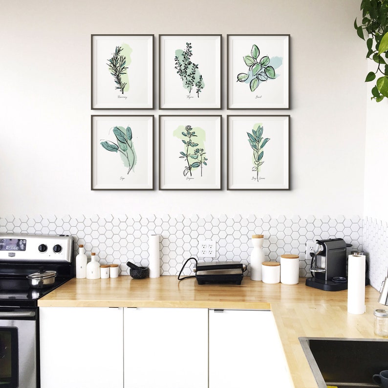 kitchen wall decor art prints - botanical prints -... Set of 6 Herb Prints, Printable Kitchen Wall Art, Botanical Print Set ...