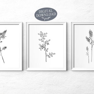 Black and White Botanical Print Set, Printable Wall Art, Set of 3 Prints, Leaf Prints, Kitchen Wall Art, Minimalist Wall Decor image 7