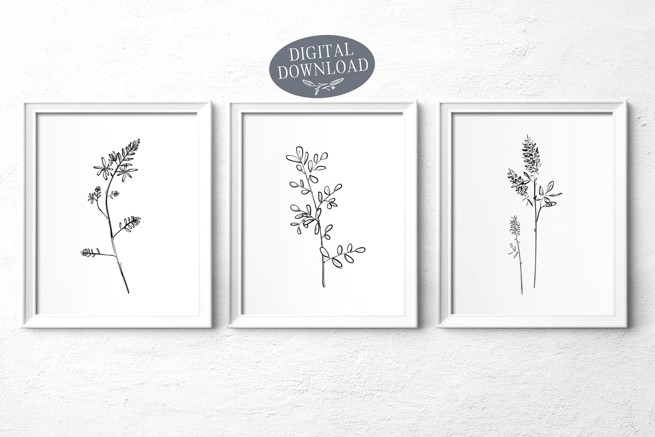 Black and White Botanical Print Set, Printable Wall Art, Set of 3 ...
