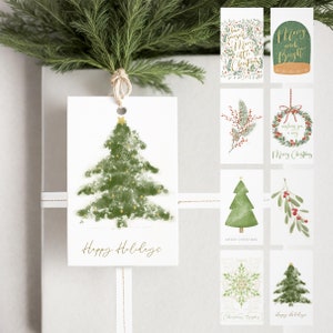 Druckbare Weihnachtsgeschenkanhänger, Set von 8 niedlichen traditionellen Aquarell-Geschenkanhängern, Feiertags-Gastgeschenk-Tag, bereit zum Drucken Herunterladbares PDF