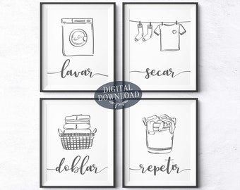 GREY Laundry Room Decor, Wash Dry Fold Repeat In Spanish, Lavar Secar Doblar Repetir, Printable Wall Art, set of 4 Prints for Utility Room