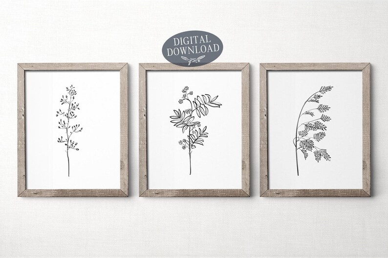 Botanical Print Set Black and White Printable Wall Art Set - Etsy