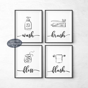 Printable Bathroom Wall Decor, Wash Brush Floss Flush Black and White Printable Wall Art, Bathroom Sign, Gallery Wall Set of 4 Prints