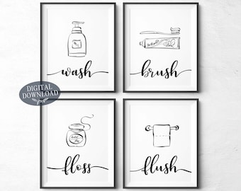 Printable Bathroom Wall Decor, Wash Brush Floss Flush Black and White Printable Wall Art, Bathroom Sign, Gallery Wall Set of 4 Prints