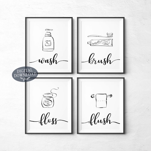 GREY Printable Bathroom Wall Decor Wash Brush Floss Flush | Etsy