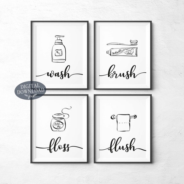 Afdrukbare badkamer muur decor, wasborstel floss flush zwart-wit afdrukbare muur kunst, badkamer teken, galerij muur set van 4 prints