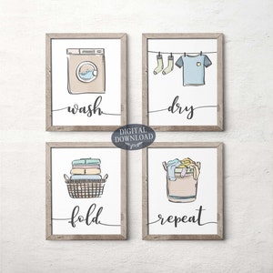 Colorful Laundry Room Decor, Wash Dry Fold Repeat Printable Wall Art ...