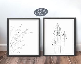 Botanical Print Set, Printable Wall Art, Set of 2 Prints, Wildflower Black and White Minimalist Living Room Gallery Wall Decor, Plant Print