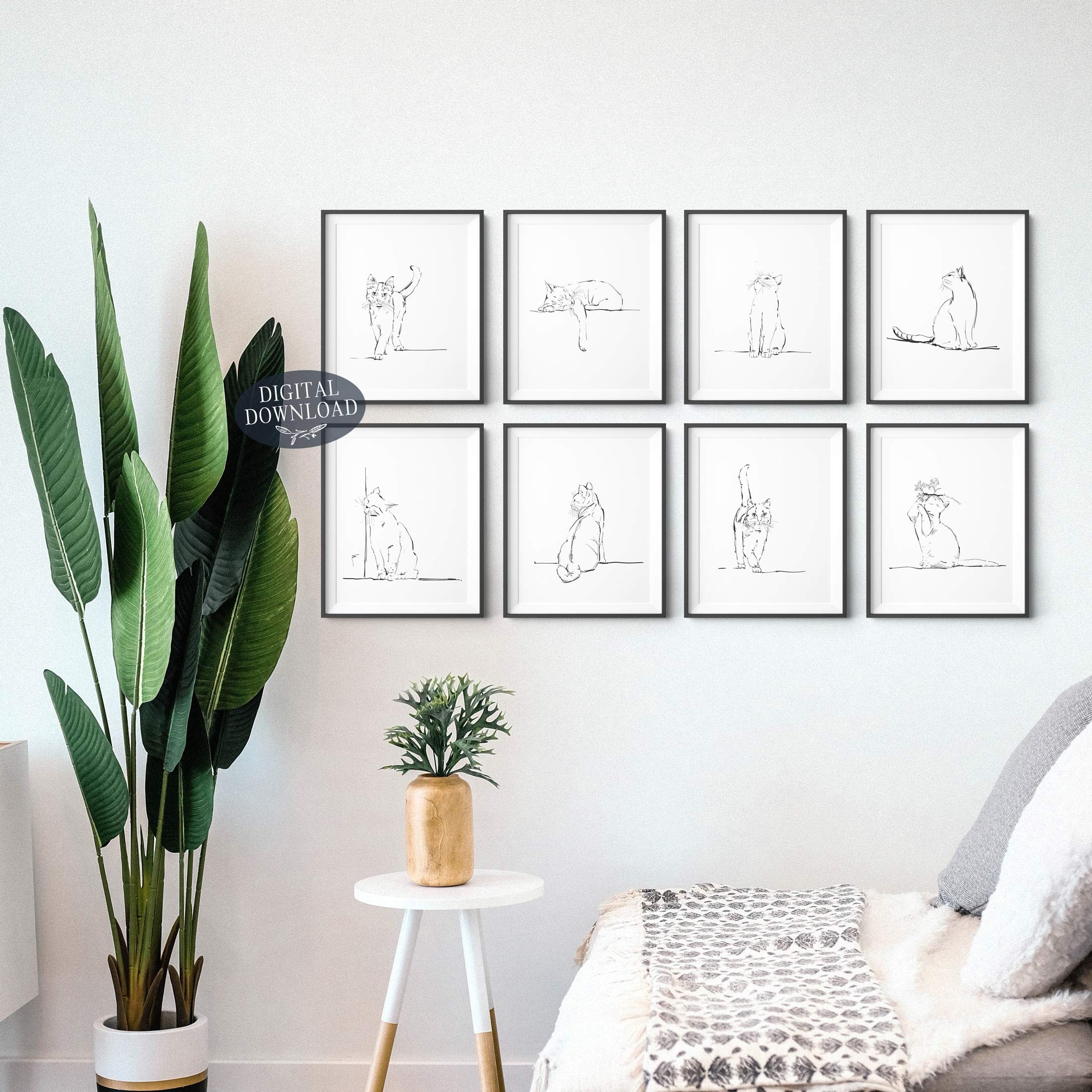 Cats Printable Wall Art, Gallery Wall Set of 8 Prints, Black and White ...