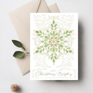 Druckbare Weihnachtskarte, Weihnachtswünsche 5x7 Karte mit einer grünen und goldenen Vintage-Stil Aquarell Schneeflocke, digitaler Download Grußkarte