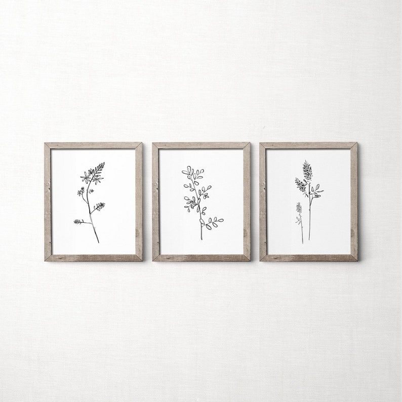 Black and White Botanical Print Set, Printable Wall Art, Set of 3 Prints, Leaf Prints, Kitchen Wall Art, Minimalist Wall Decor image 1