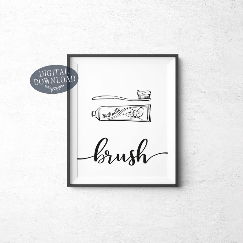 Printable Bathroom Wall Decor, Wash Brush Floss Flush Black and White Printable Wall Art, Bathroom Sign, Gallery Wall Set of 4 Prints image 7