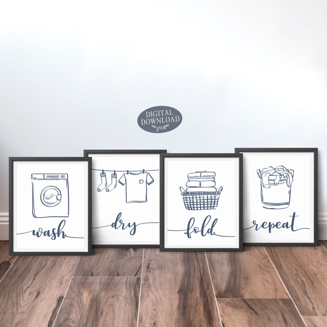 Wash Dry Fold Repeat, Laundry Room Decor, Navy Blue Printable Wall Art ...