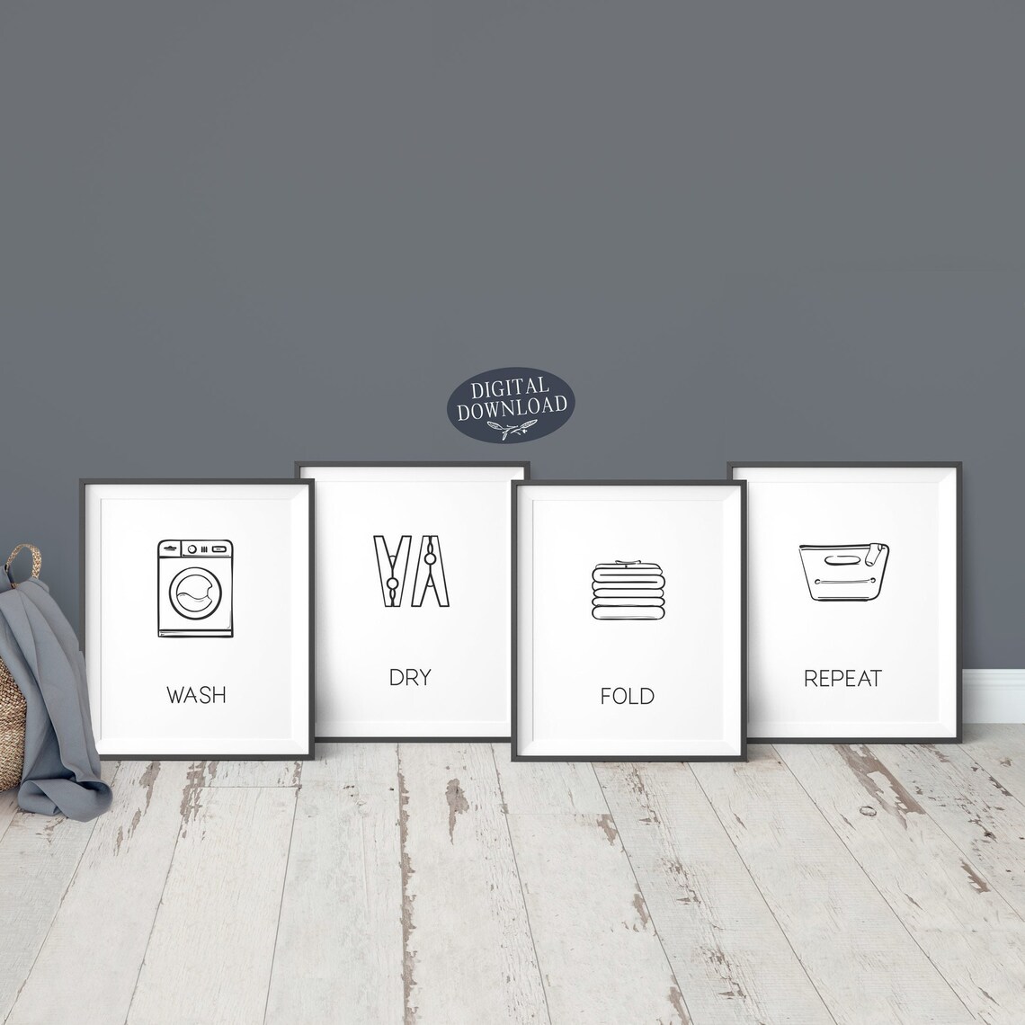 Wash Dry Fold Repeat, Laundry Room Decor, Black and White Printable ...