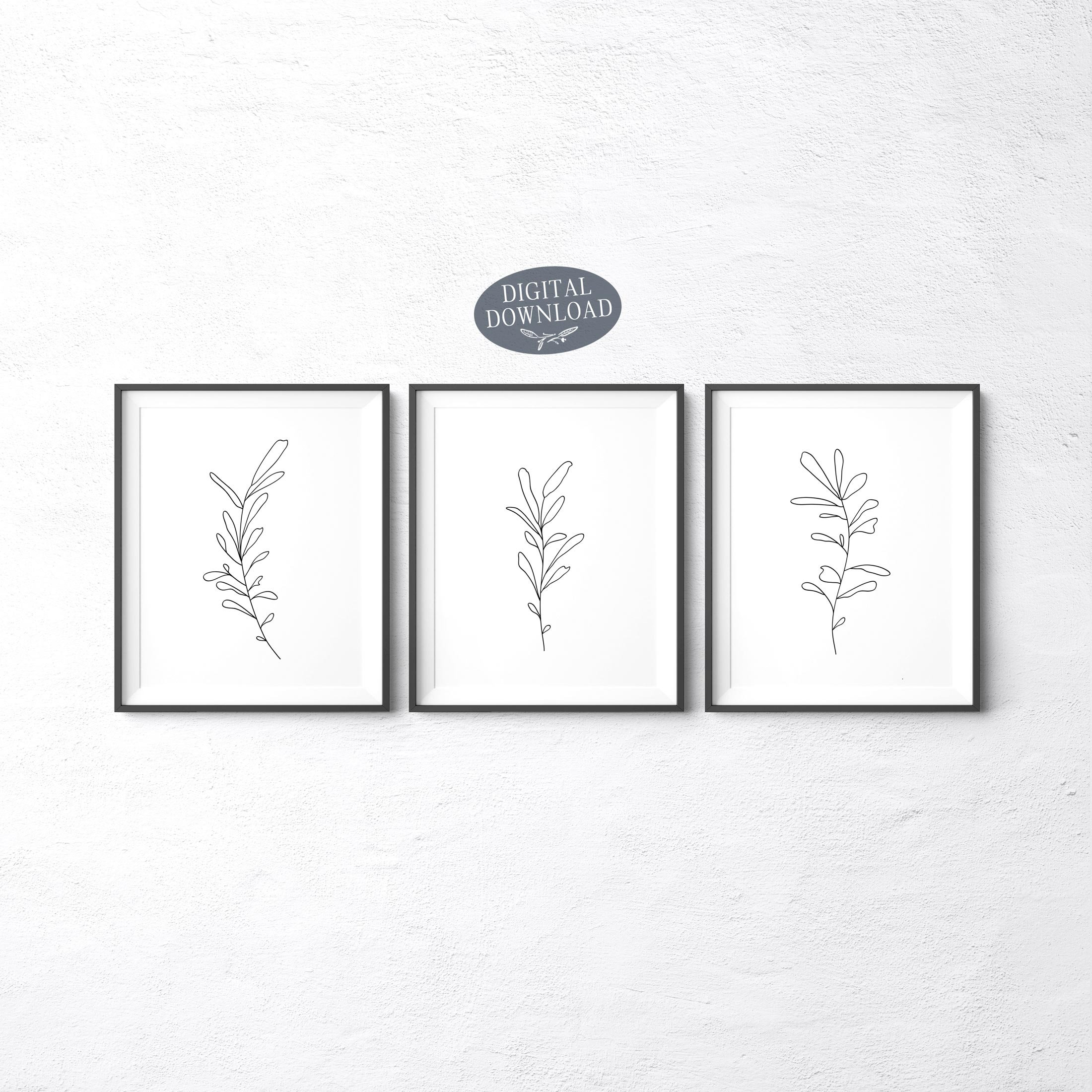 Botanical Print Set, Printable Wall Art, Leaf Line Art, Set of 3 Prints ...