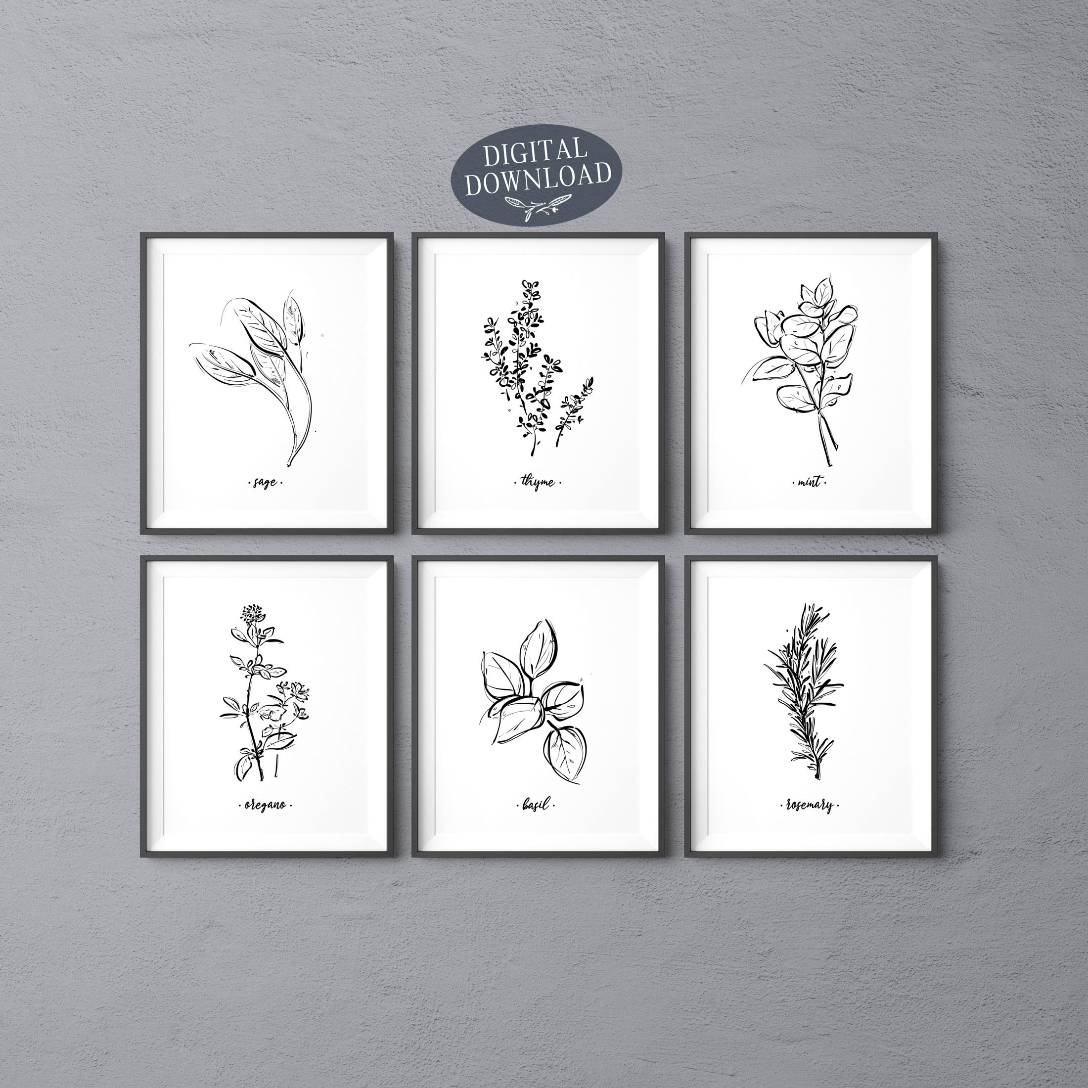 kitchen wall decor art prints - botanical prints -... Botanical Print Set, Printable Kitchen Wall Art, Set of 6 Herbs, Sage ...