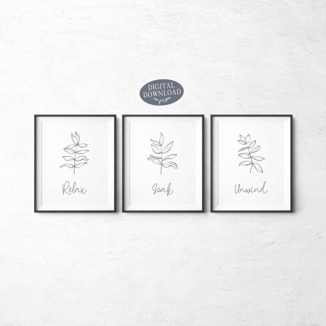 Grey Bathroom Wall Decor, Relax Soak Unwind Grey Printable Wall Art