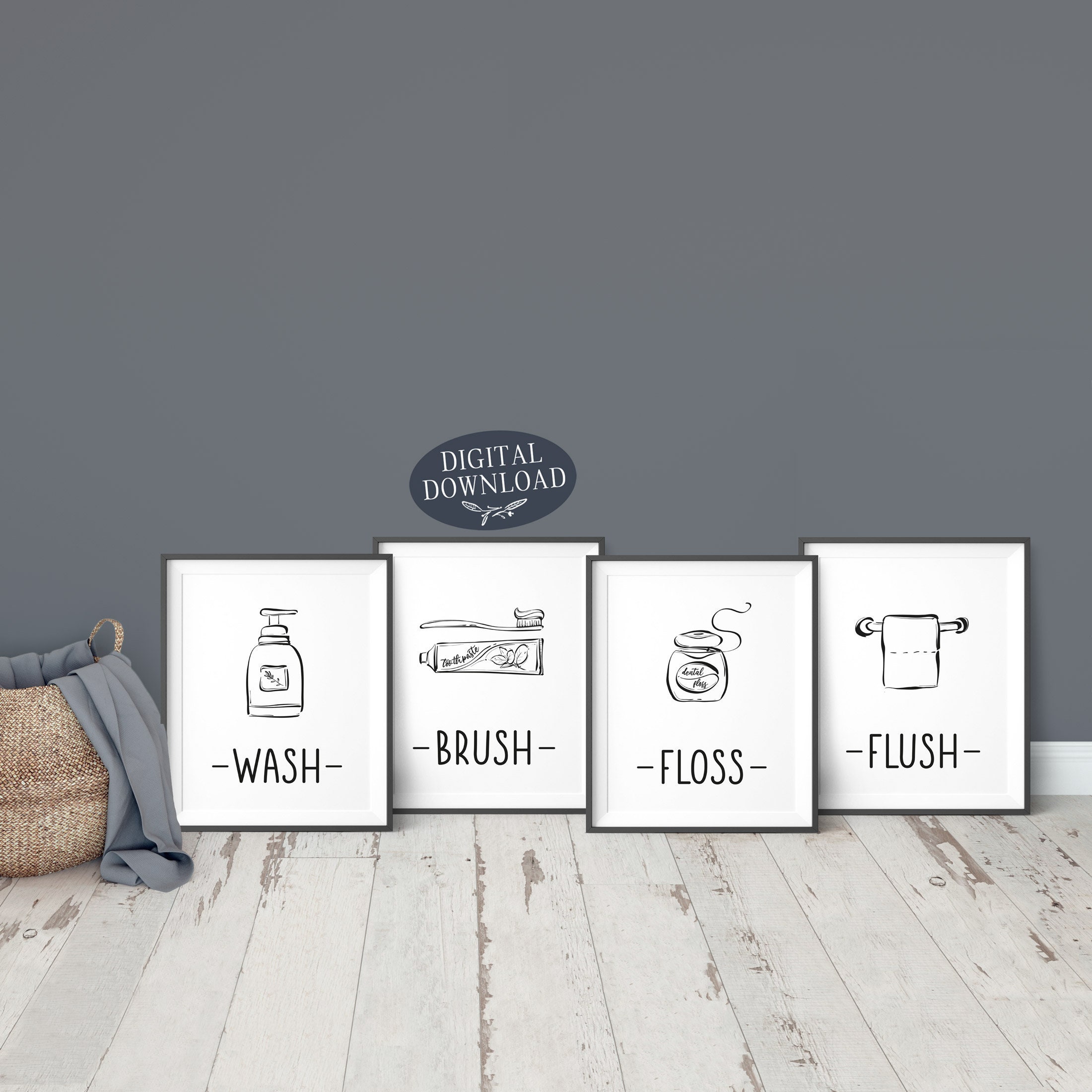 Wash Brush Floss Flush Kids Bathroom Wall Art Gallery Wall | Etsy