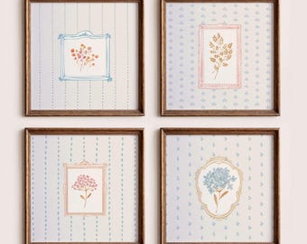 Set of 4 Vintage Botanical Wall Art, Light Blue Watercolor Floral Prints, Cottagecore Gallery Wall Decor, Digital Downloadable Printable Art