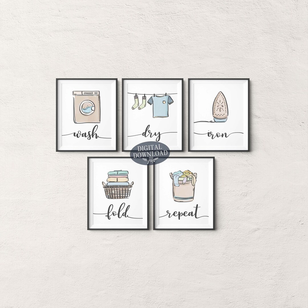 Colorful Laundry Room Decor, Printable Wall Art, Wash Dry Iron Fold ...