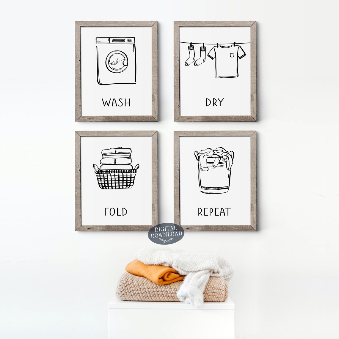 Laundry Room Decor Wash Dry Fold Repeat Black and White Line - Etsy