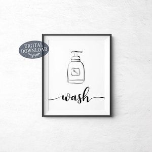 May include: Black and white printable wall art with a simple line drawing of a soap bottle and the word "wash" in a script font.