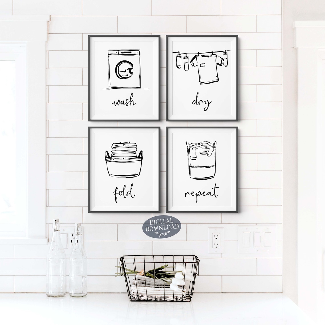 Wash Dry Fold Repeat Printable Laundry Room Decor, Black and White Wall ...