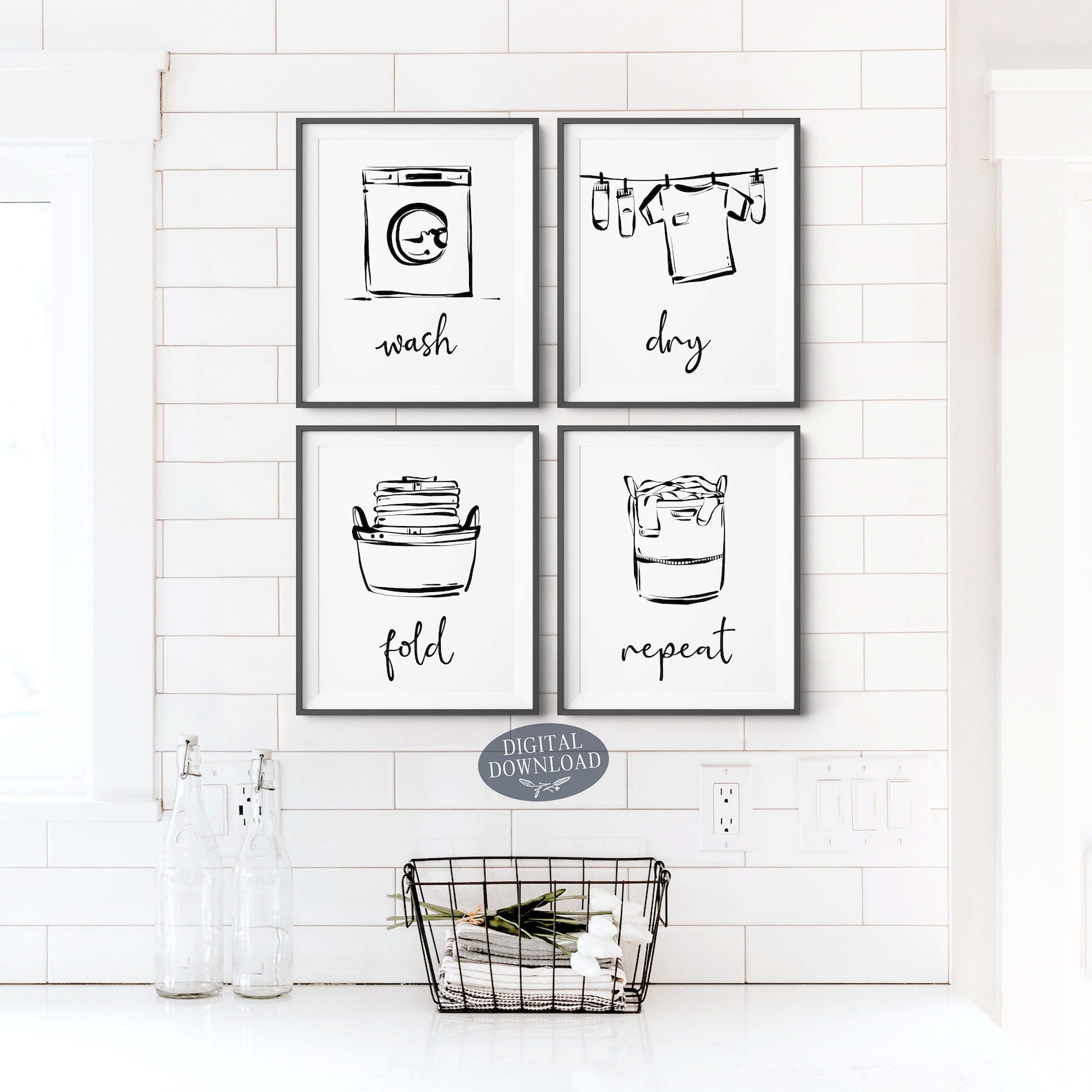 Wash Dry Fold Repeat Printable Laundry Room Decor, Black and White Wall ...
