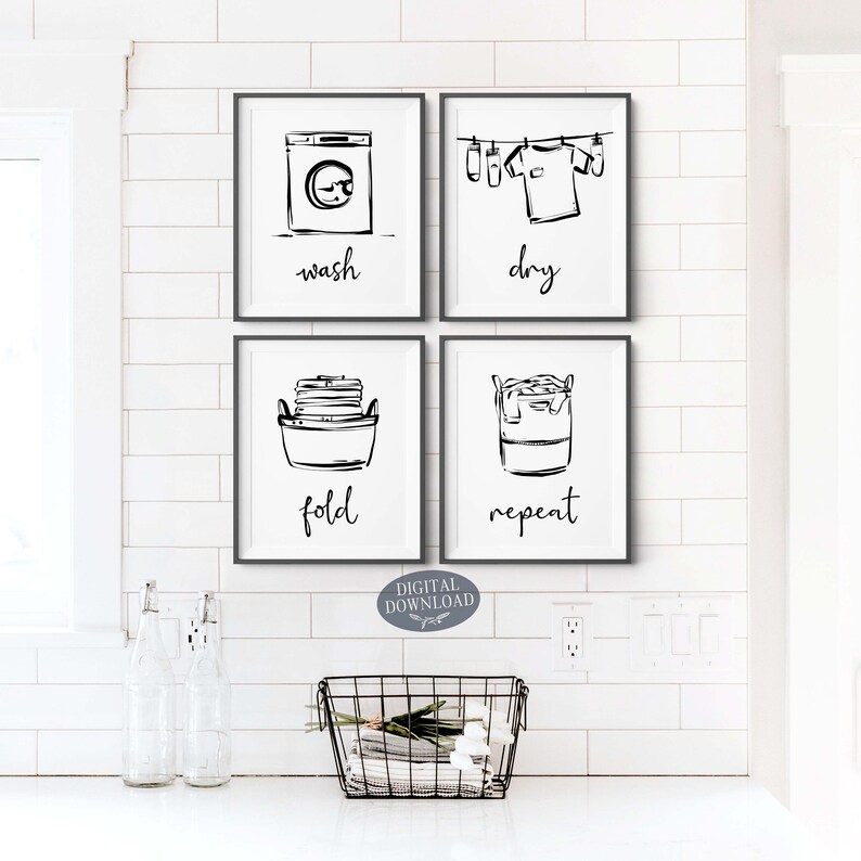 Wash Dry Fold Repeat Printable Laundry Room Decor, Black and White Wall ...