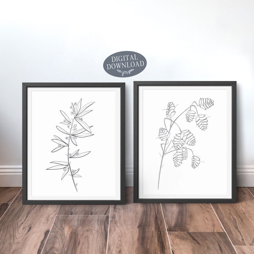 Printable Wall Art, Botanical Print Set of 2 Prints, Neutral Grey Wall ...
