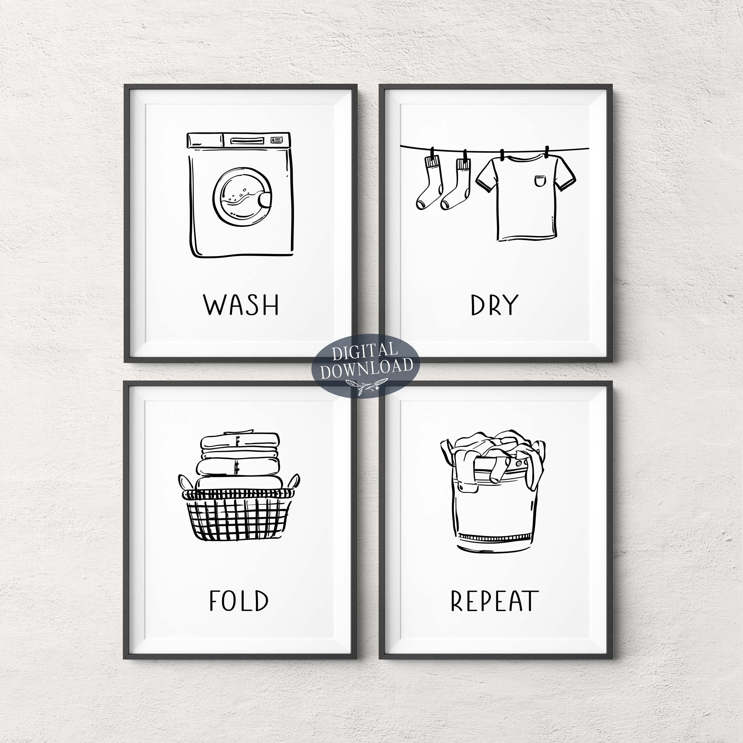 Laundry Room Decor Wash Dry Fold Repeat Black and White Line - Etsy