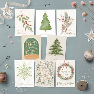 Set of 8 Printable Christmas Cards With Watercolor Illustrations, 5x7 Greetings Cards, Digital Download Christmas Wishes Card bundle of 8