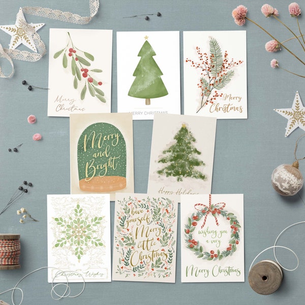 Set of 8 Printable Christmas Cards With Watercolor Illustrations, 5x7 Greetings Cards, Digital Download Christmas Wishes Card bundle of 8