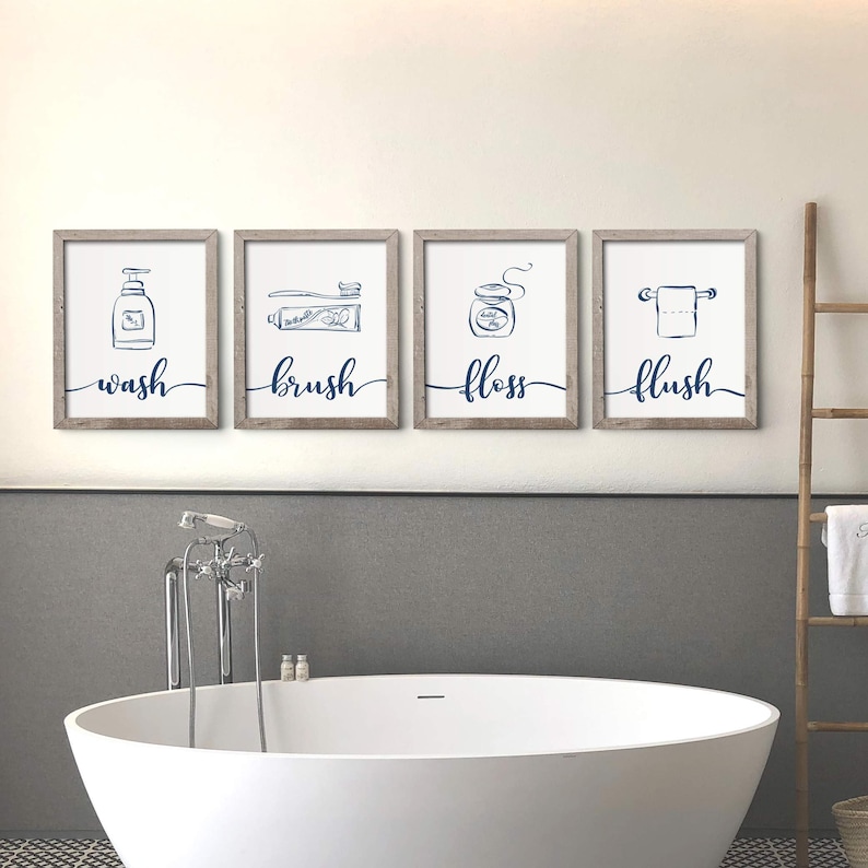 Navy Blue Bathroom Wall Decor Wash Brush Floss Flush Etsy