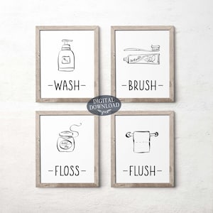 Wash Brush Floss Flush Kids Bathroom Wall Art, Gallery Wall Set of 4 Prints For Bathroom Wall Decor, Black and White Bathroom Line Art Sign