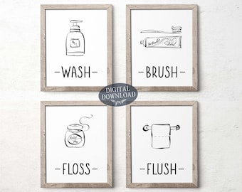 Wash Brush Floss Flush Kids Bathroom Wall Art, Gallery Wall Set de 4 impresiones para decoración de la pared del baño, signo de arte de línea de baño en blanco y negro