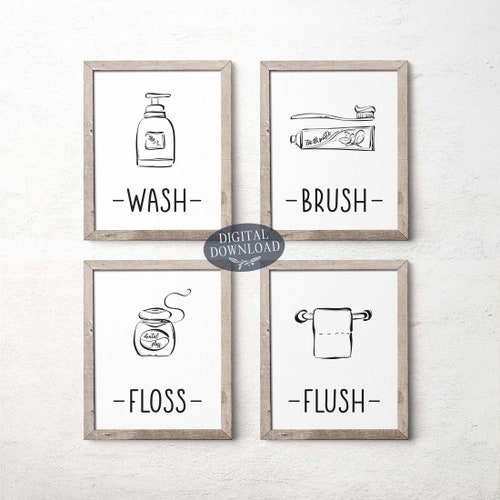 Printable Bathroom Wall Decor Wash Brush Floss Flush Black - Etsy