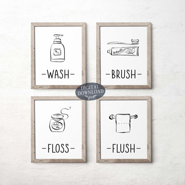 Wash Brush Floss Flush Kids Bathroom Wall Art, Gallery Wall Set of 4 Prints For Bathroom Wall Decor, Black and White Bathroom Line Art Sign