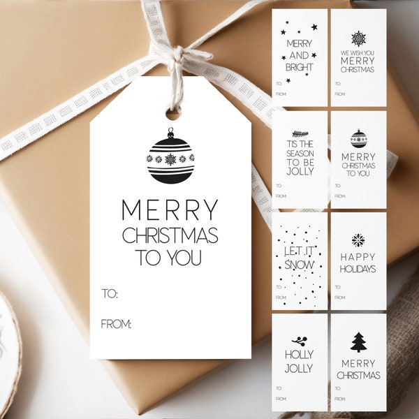 Printable Christmas Gift Tags, Black and White Printer Friendly Holiday Gift Tags, Set of 8 Cute Minimal Merry Christmas Gift Wrapping Tags