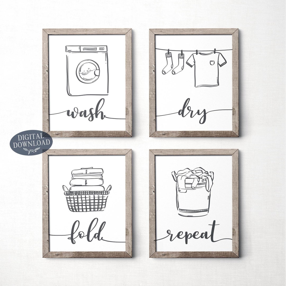 Wash Dry Fold Repeat, Grey Laundry Room Decor, Printable Wall Art, Set ...