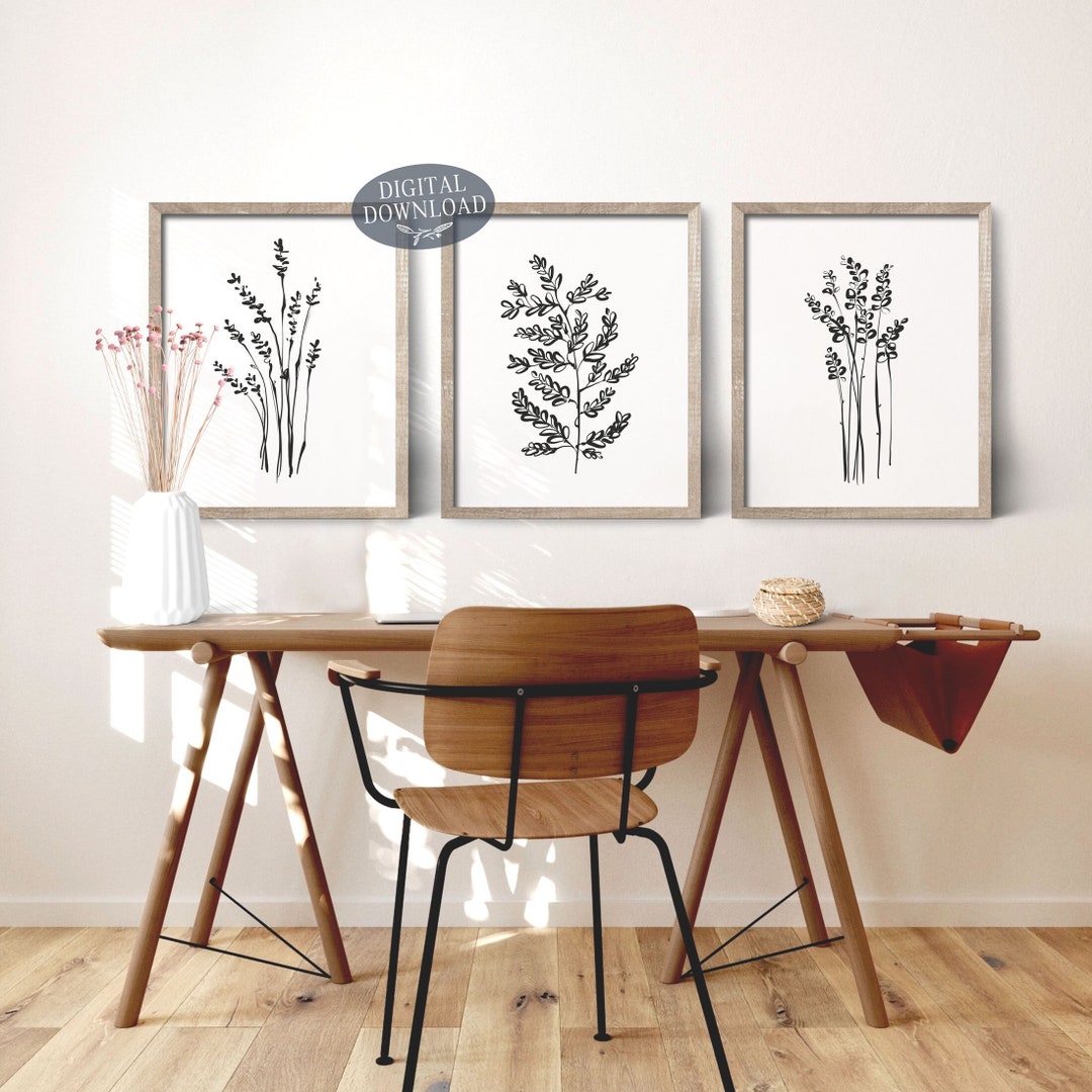Gallery Wall Set of 3 Black & White Botanical Prints, Minimalist ...