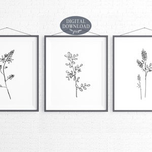 Black and White Botanical Print Set, Printable Wall Art, Set of 3 Prints, Leaf Prints, Kitchen Wall Art, Minimalist Wall Decor image 6