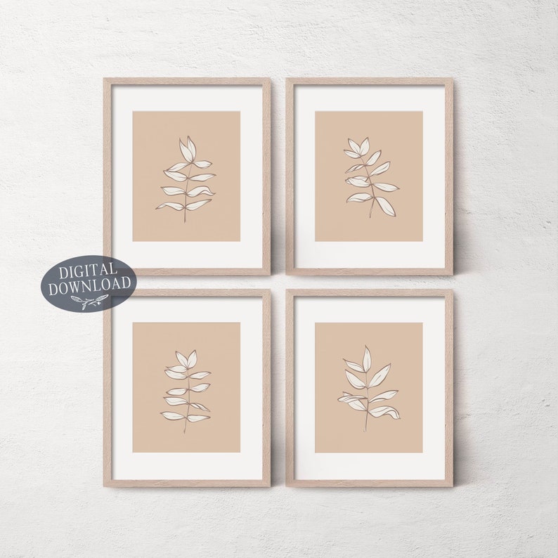 Neutral Leaf Botanical Print Set Printable Wall Art Set of 4 Etsy