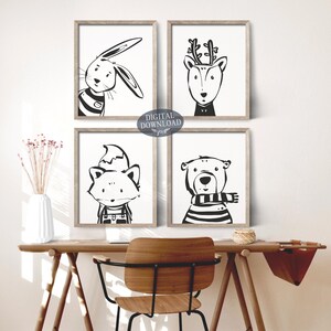 Nursery Animal Printable Wall Art, Set of 4 Black and White Kids Room ...