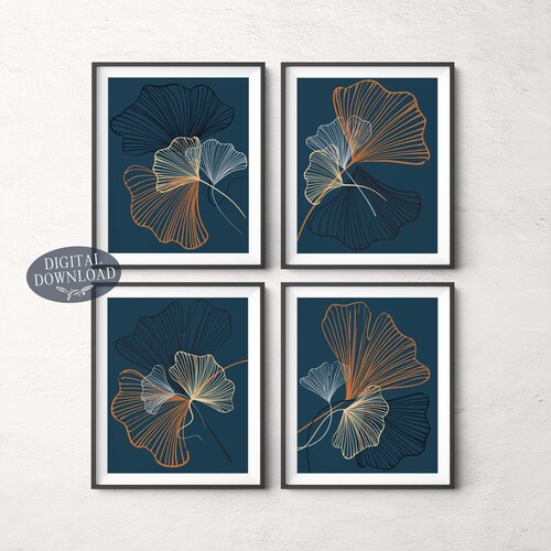 Navy Blue Botanical Print Set Printable Wall Art Gallery - Etsy