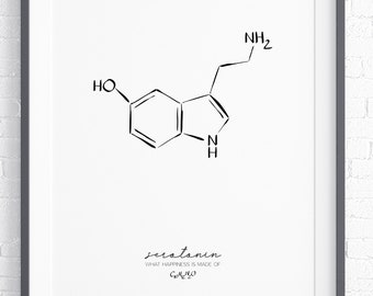 Serotonin Molecule Print, Happiness Molecule Printable Science Poster, Minimalist Line Art Printable Wall Decor