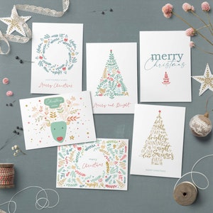 Set von 6 druckbare Weihnachtskarten, süße und bunte 5 x 7 Grußkarten, digitaler Download moderne Folk Weihnachtswünsche Karten Bündel von 6
