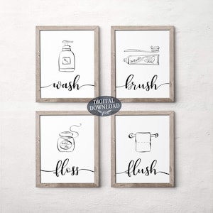Printable Bathroom Wall Decor, Wash Brush Floss Flush Black and White Printable Wall Art, Bathroom Sign, Gallery Wall Set of 4 Prints image 5