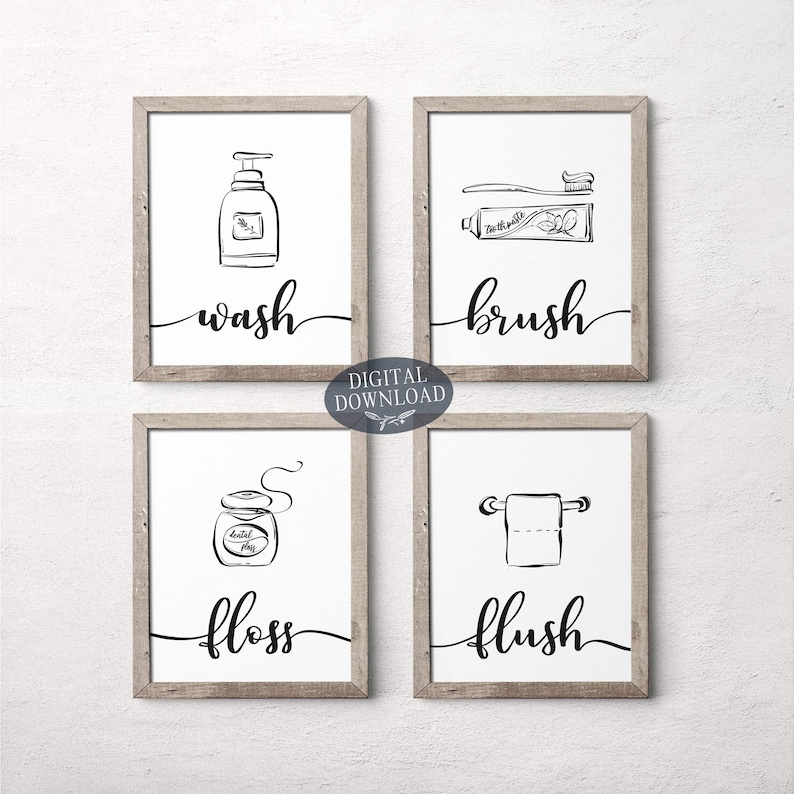 Printable Bathroom Wall Decor, Wash Brush Floss Flush Black and White Printable Wall Art, Bathroom Sign, Gallery Wall Set of 4 Prints image 5
